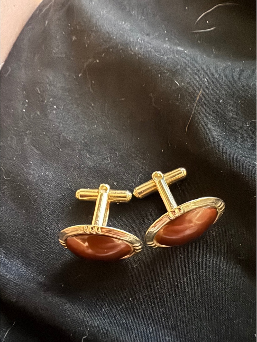 Vintage Mens Mid Century Gold Tone Oval Brown Cabochon Cufflinks Retro